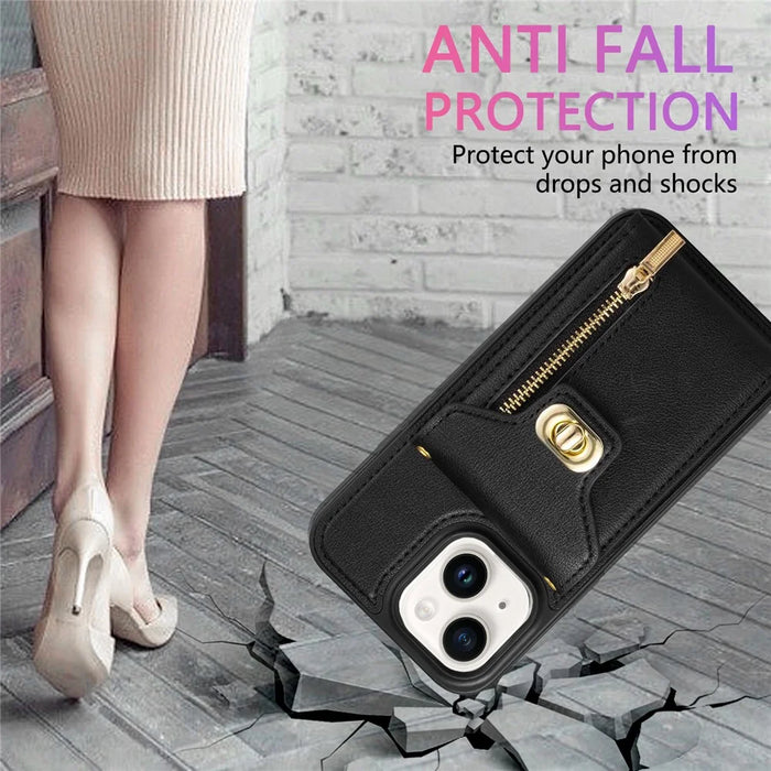 For iPhone 14 Plus Card Slots PU Leather Coated TPU Case Zipper Pocket Phone Cover with Kickstand - Black - 7