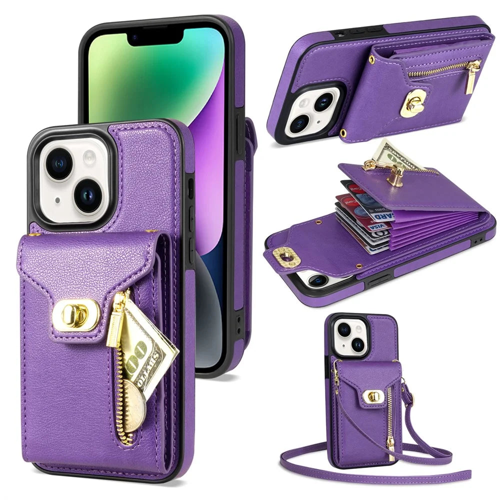 Card Slots Phone Kickstand Case for iPhone 15 , Zipper Pocket PU Leather Coated TPU Cover - Purple - 1