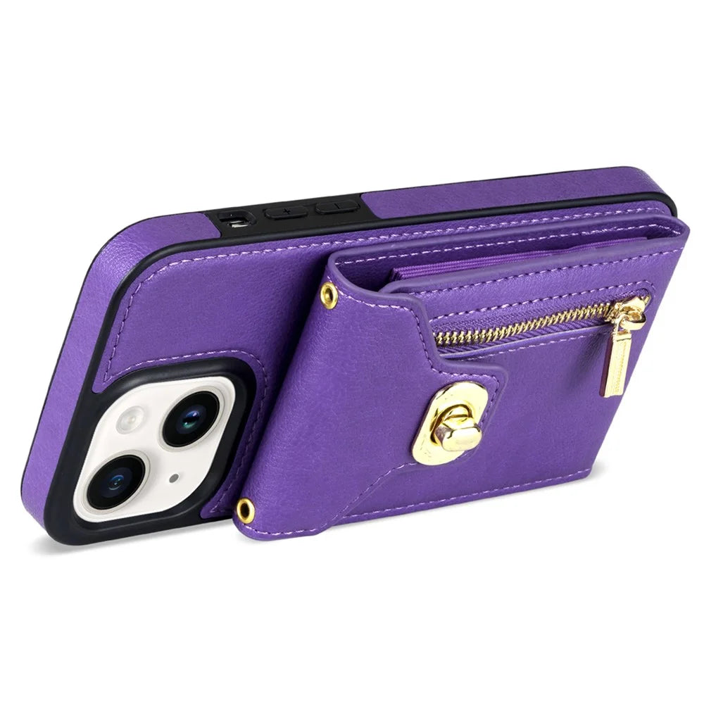 Card Slots Phone Kickstand Case for iPhone 15 , Zipper Pocket PU Leather Coated TPU Cover - Purple - 2