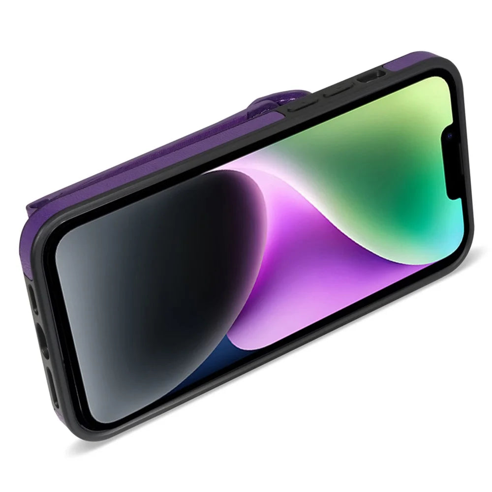 Card Slots Phone Kickstand Case for iPhone 15 , Zipper Pocket PU Leather Coated TPU Cover - Purple - 3