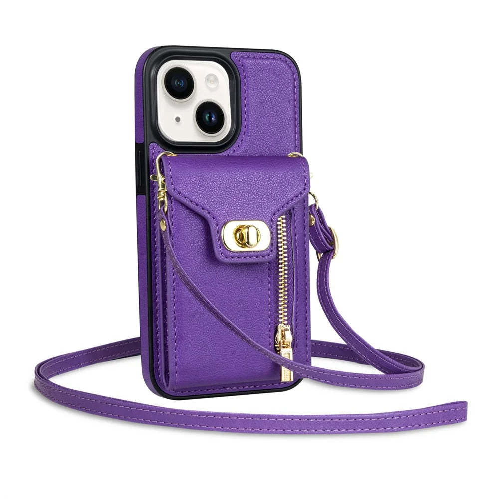 Card Slots Phone Kickstand Case for iPhone 15 , Zipper Pocket PU Leather Coated TPU Cover - Purple - 4