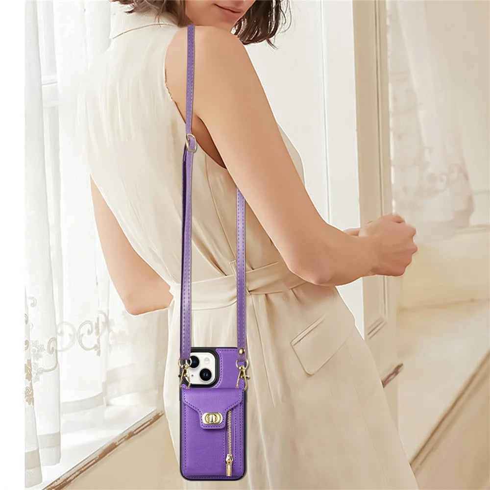Card Slots Phone Kickstand Case for iPhone 15 , Zipper Pocket PU Leather Coated TPU Cover - Purple - 6