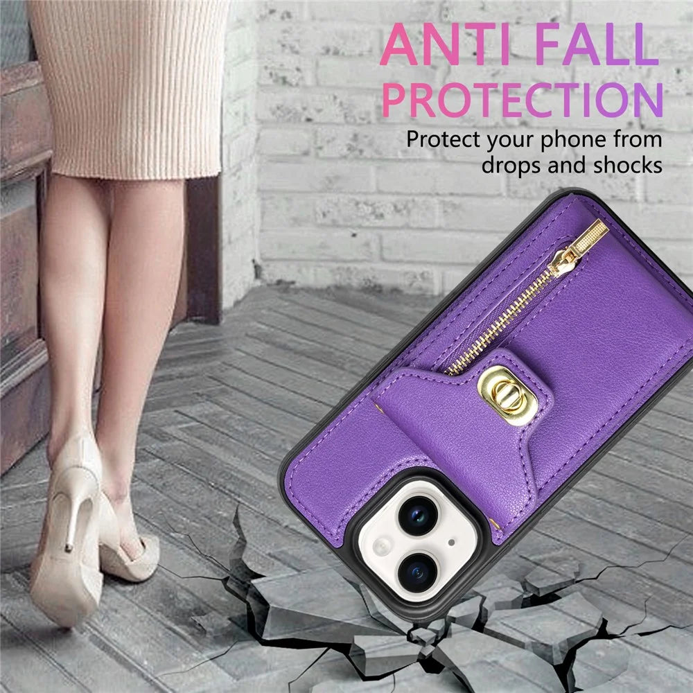 Card Slots Phone Kickstand Case for iPhone 15 , Zipper Pocket PU Leather Coated TPU Cover - Purple - 7