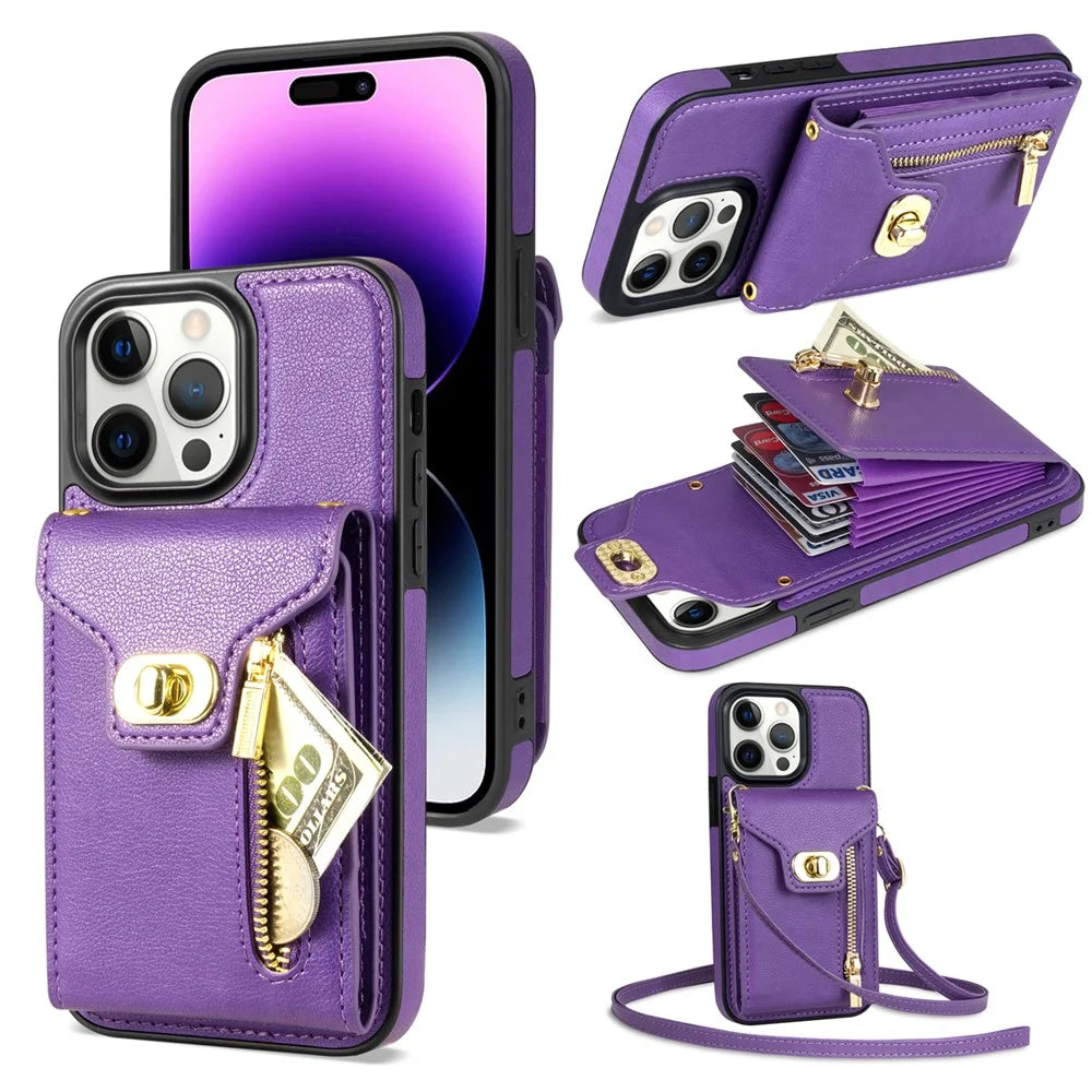 Kickstand Case for iPhone 14 Pro , Zipper Pocket PU Leather + TPU Phone Cover with Card Holder - Purple - 1