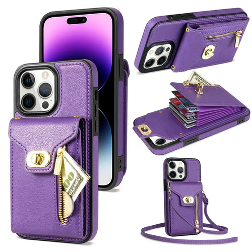 Kickstand Case for iPhone 14 Pro , Zipper Pocket PU Leather + TPU Phone Cover with Card Holder - Purple - 1