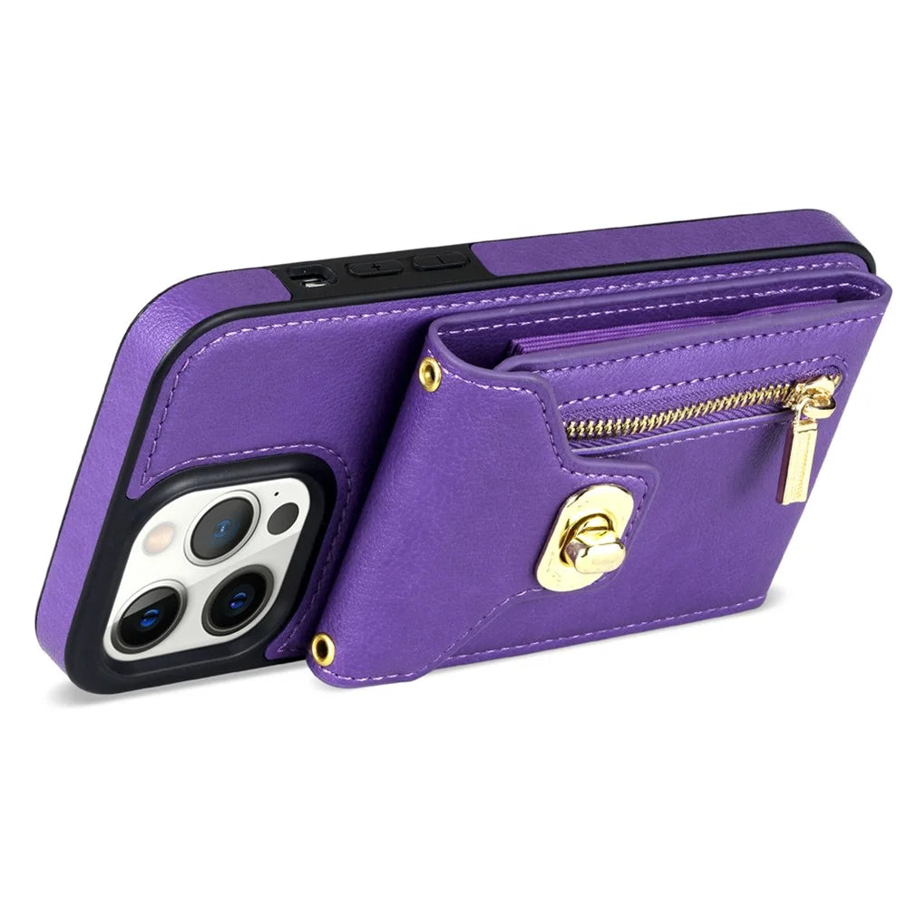 Kickstand Case for iPhone 14 Pro , Zipper Pocket PU Leather + TPU Phone Cover with Card Holder - Purple - 3