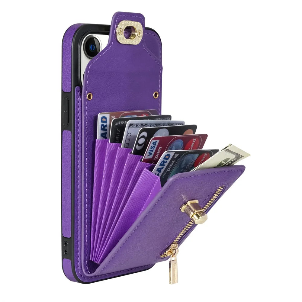 Kickstand Case for iPhone 14 Pro , Zipper Pocket PU Leather + TPU Phone Cover with Card Holder - Purple - 5