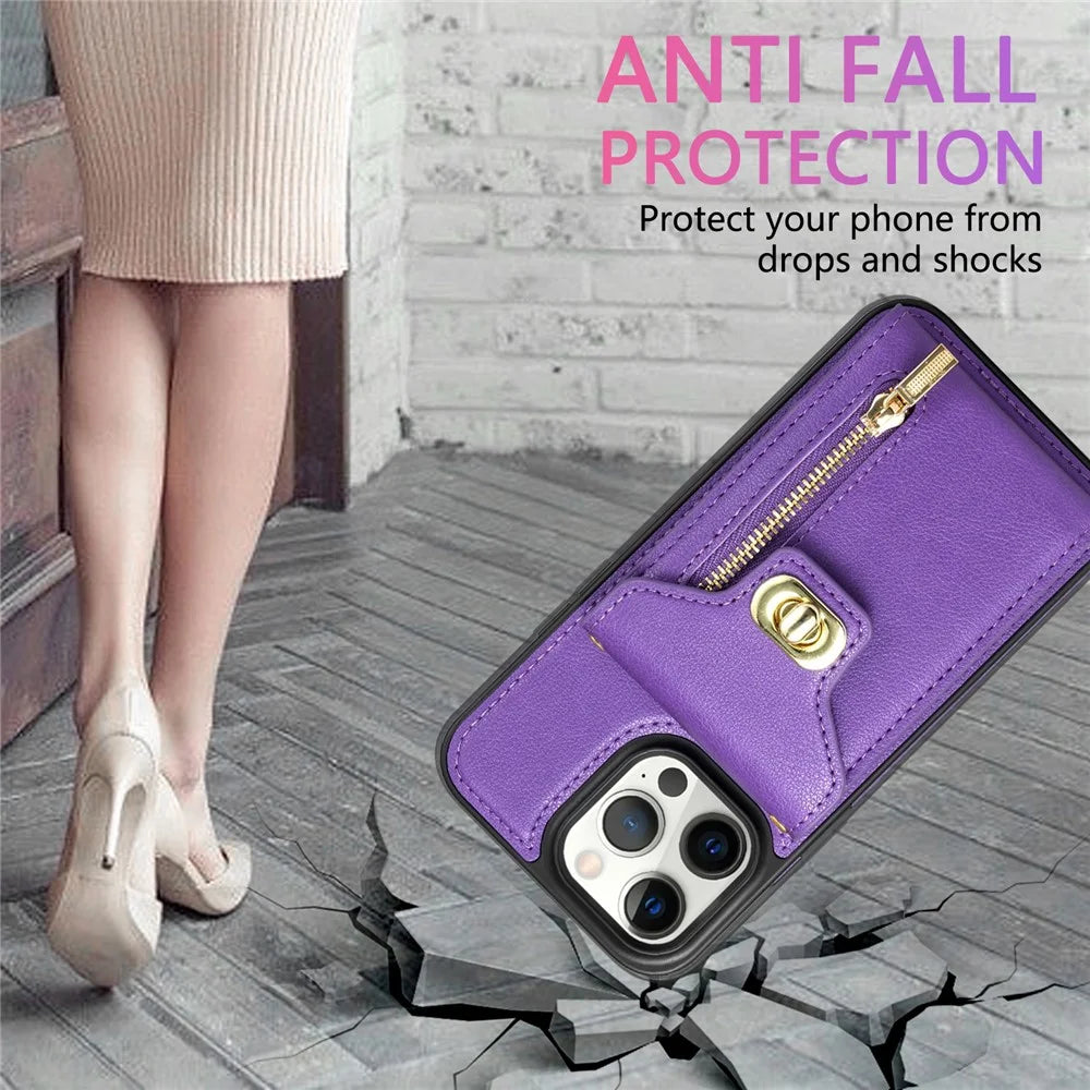 Kickstand Case for iPhone 14 Pro , Zipper Pocket PU Leather + TPU Phone Cover with Card Holder - Purple - 7