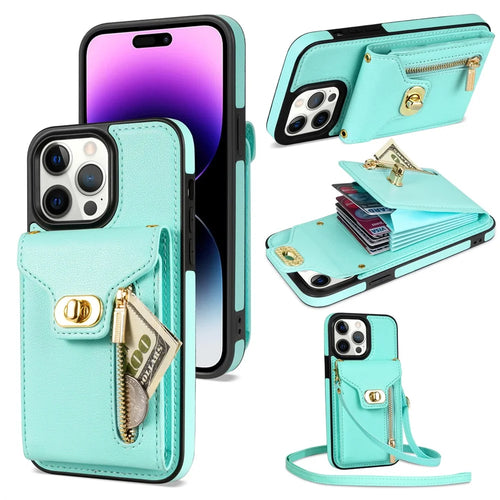 Card Slots Kickstand Phone Cover for iPhone 14 Pro Max , Zipper Pocket PU Leather + TPU Case - Green - 1