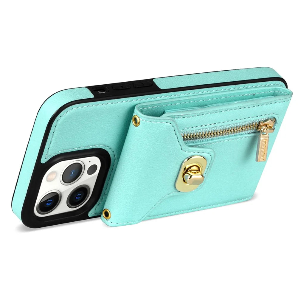 Card Slots Kickstand Phone Cover for iPhone 14 Pro Max , Zipper Pocket PU Leather + TPU Case - Green - 2