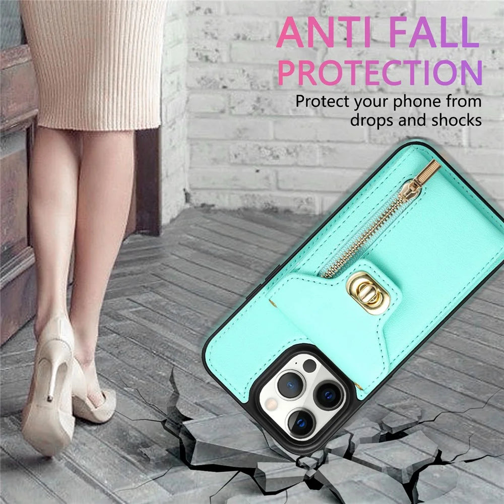 Card Slots Kickstand Phone Cover for iPhone 14 Pro Max , Zipper Pocket PU Leather + TPU Case - Green - 7