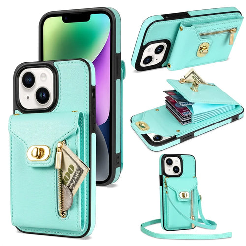 Zipper Pocket Case for iPhone 15 Plus , Card Slots PU Leather Coated TPU Kickstand Phone Cover - Green - 1