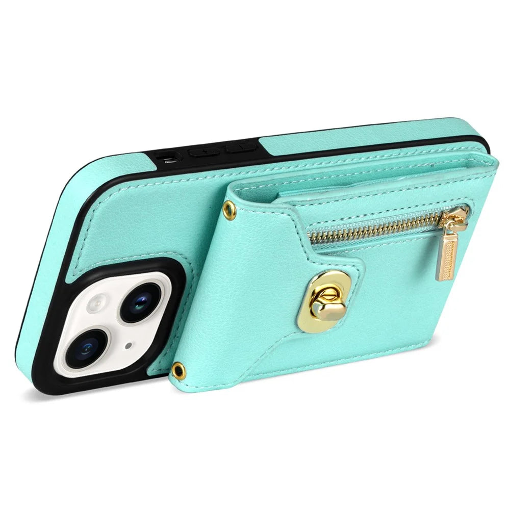 Zipper Pocket Case for iPhone 15 Plus , Card Slots PU Leather Coated TPU Kickstand Phone Cover - Green - 2