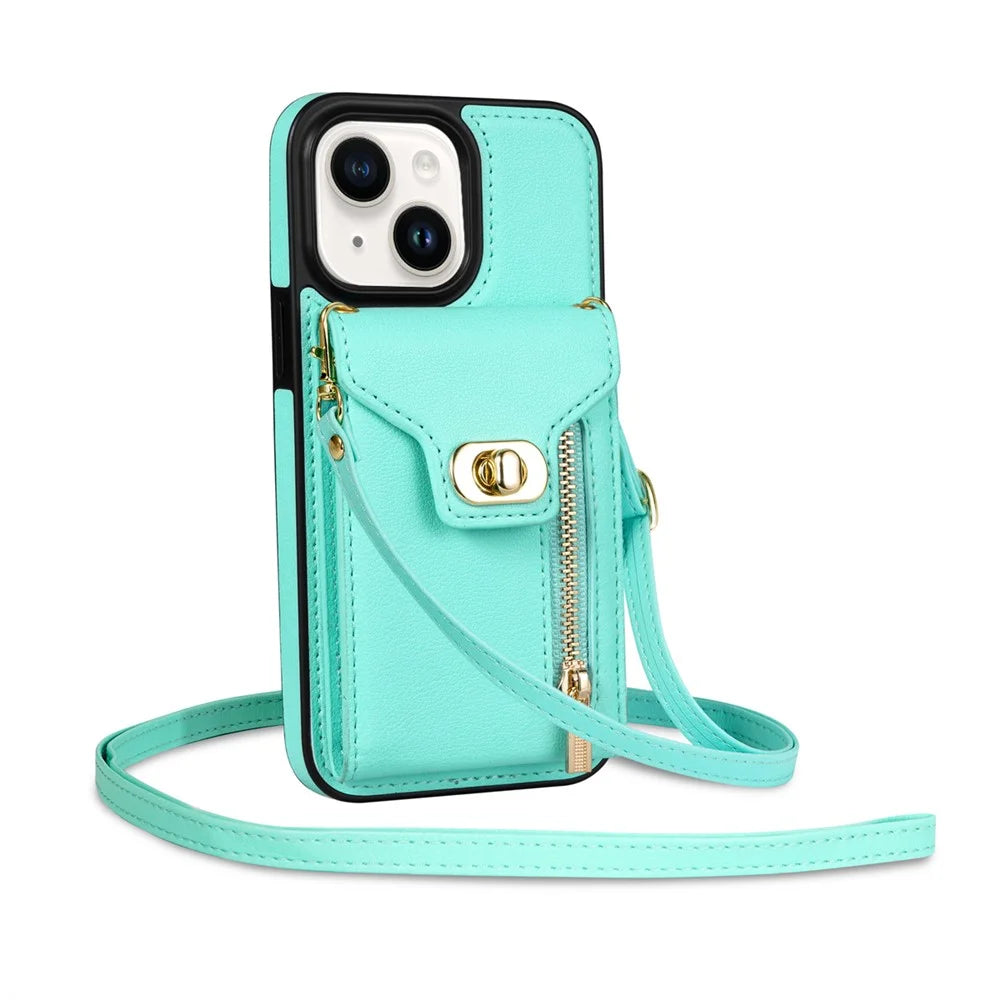 Zipper Pocket Case for iPhone 15 Plus , Card Slots PU Leather Coated TPU Kickstand Phone Cover - Green - 4