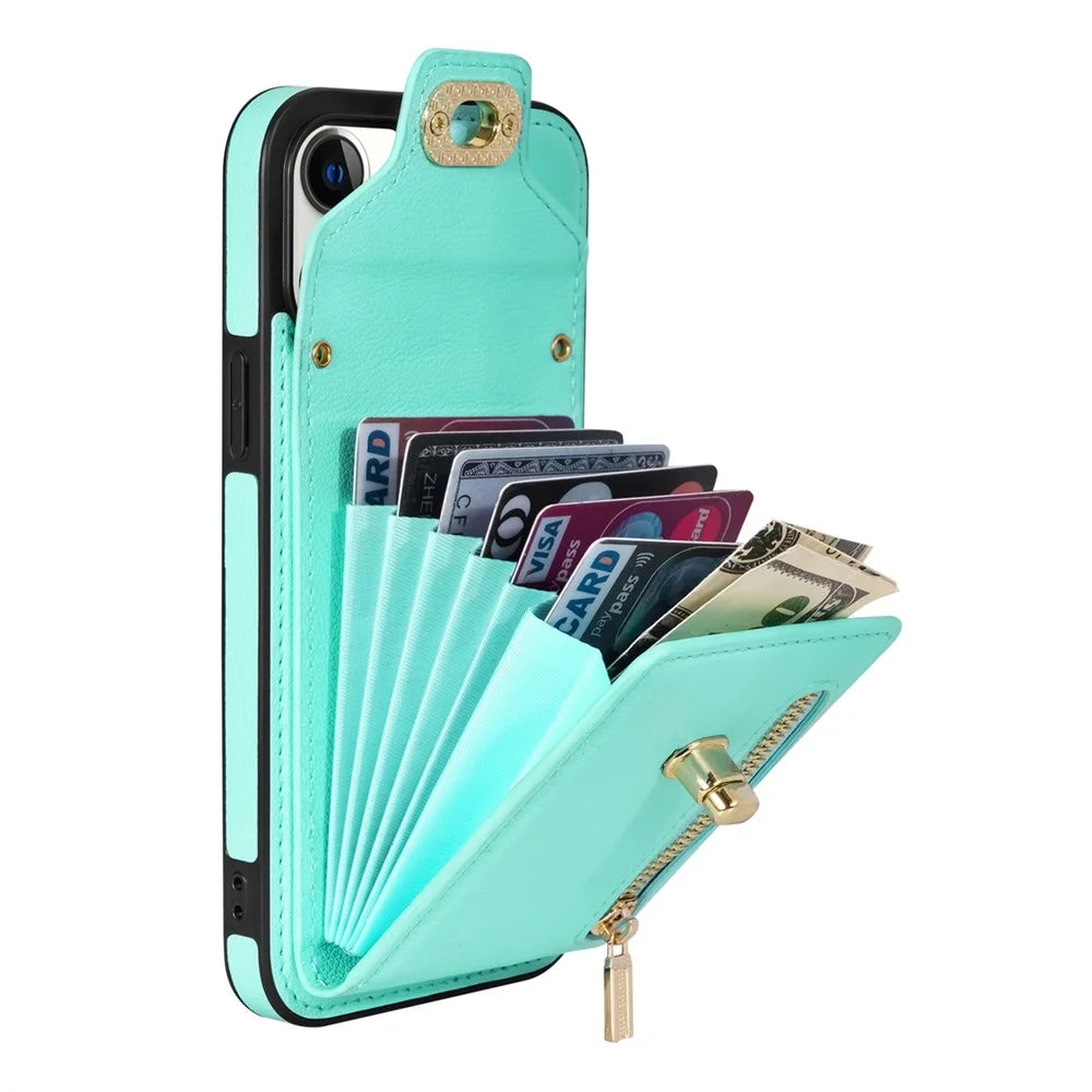 Zipper Pocket Case for iPhone 15 Plus , Card Slots PU Leather Coated TPU Kickstand Phone Cover - Green - 5