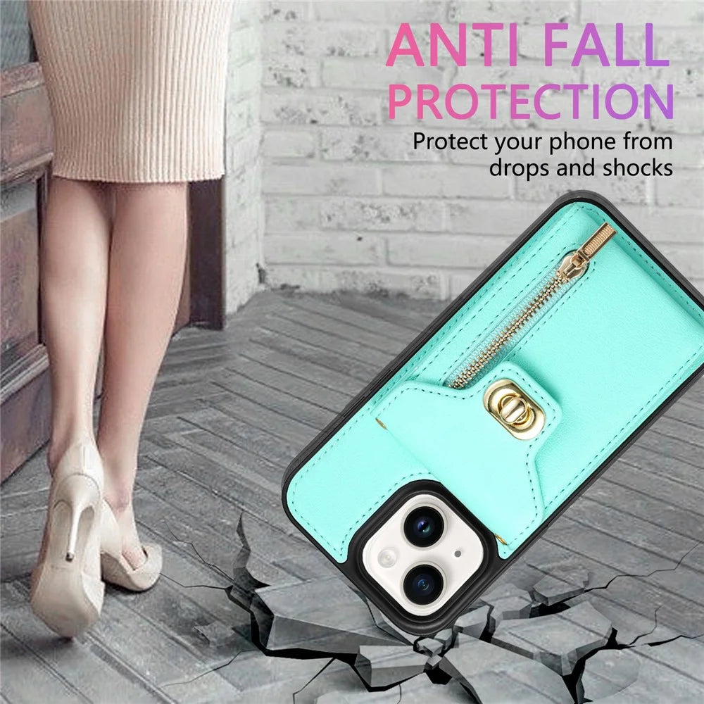 Zipper Pocket Case for iPhone 15 Plus , Card Slots PU Leather Coated TPU Kickstand Phone Cover - Green - 7
