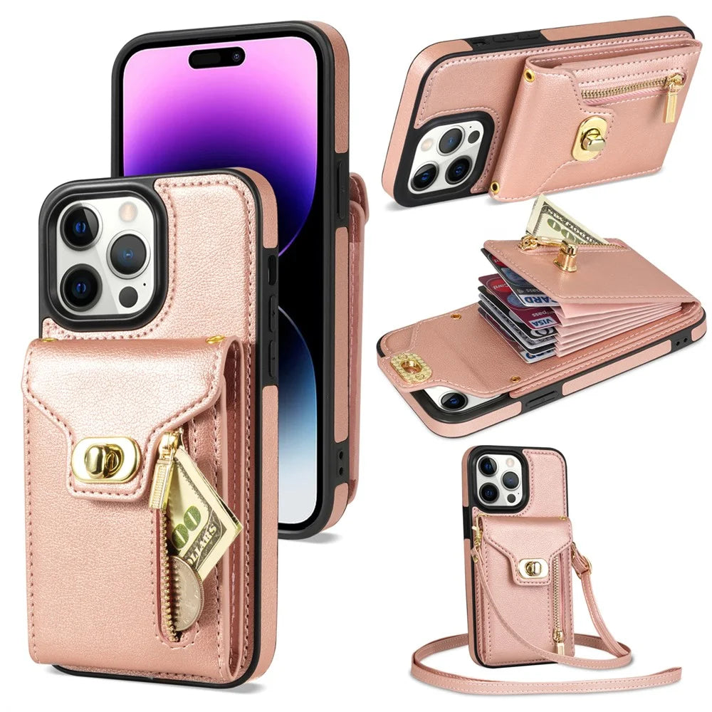 Kickstand PU Leather Coated TPU Case for iPhone 15 Pro , Zipper Pocket Card Slots Phone Cover - Pink - 1