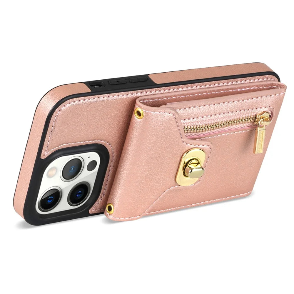 Kickstand PU Leather Coated TPU Case for iPhone 15 Pro , Zipper Pocket Card Slots Phone Cover - Pink - 2