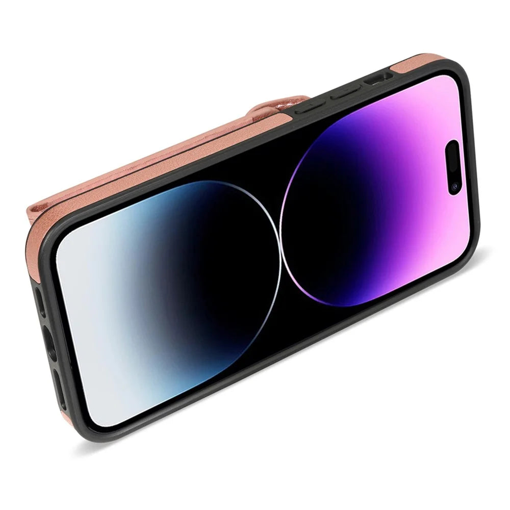 Kickstand PU Leather Coated TPU Case for iPhone 15 Pro , Zipper Pocket Card Slots Phone Cover - Pink - 3