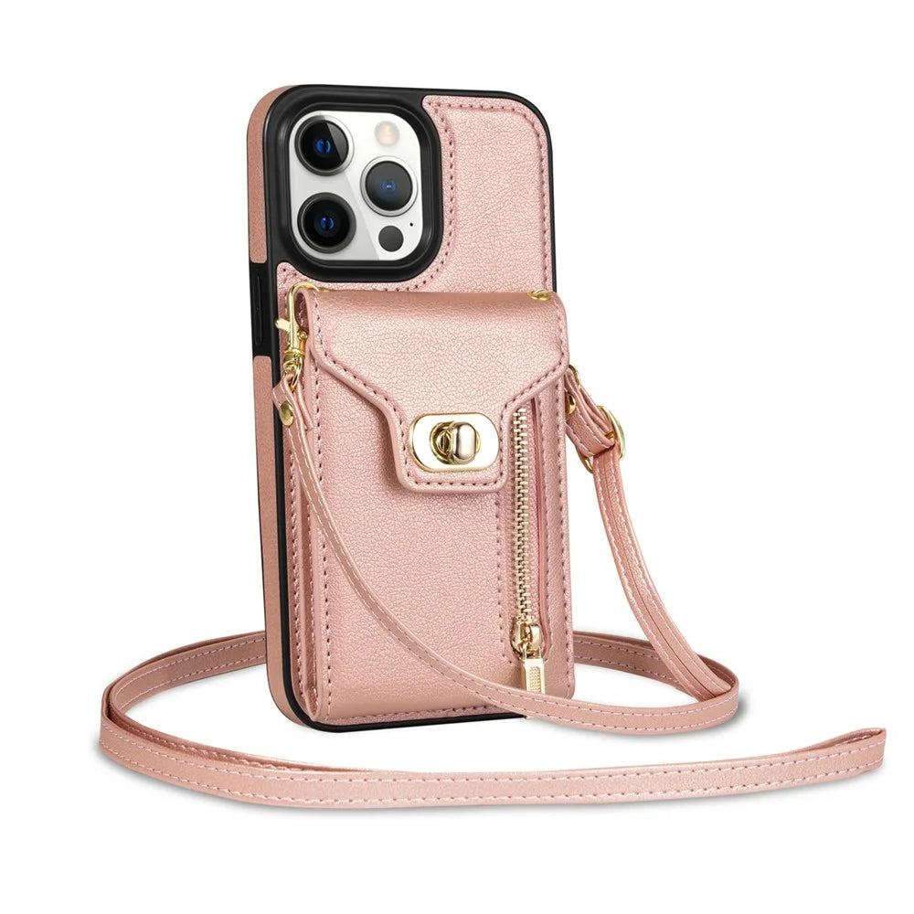 Kickstand PU Leather Coated TPU Case for iPhone 15 Pro , Zipper Pocket Card Slots Phone Cover - Pink - 5