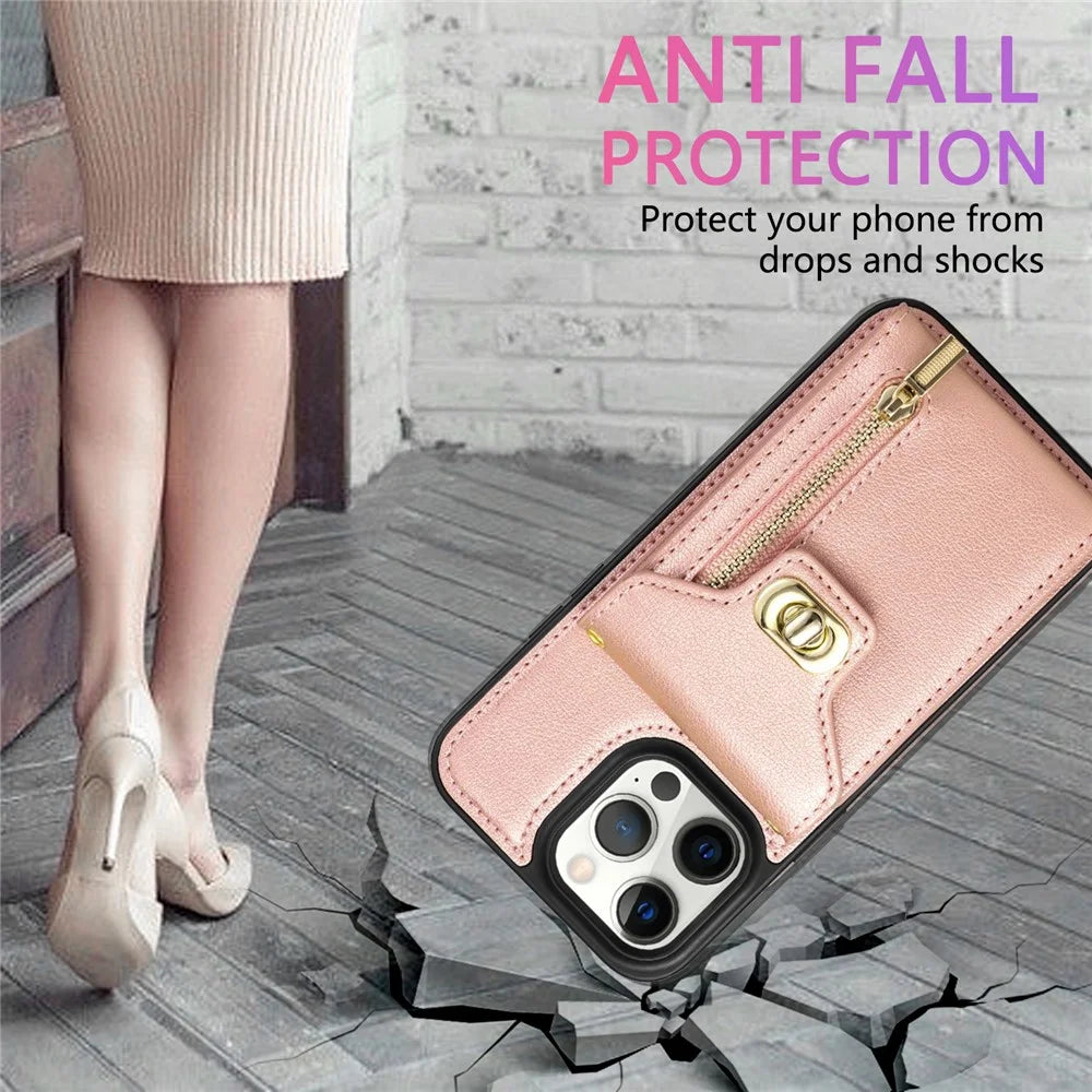 Kickstand PU Leather Coated TPU Case for iPhone 15 Pro , Zipper Pocket Card Slots Phone Cover - Pink - 7