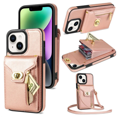 Card Holder Zipper Pocket Phone Case for iPhone 14 , Kickstand PU Leather Coated TPU Cover - Pink - 1