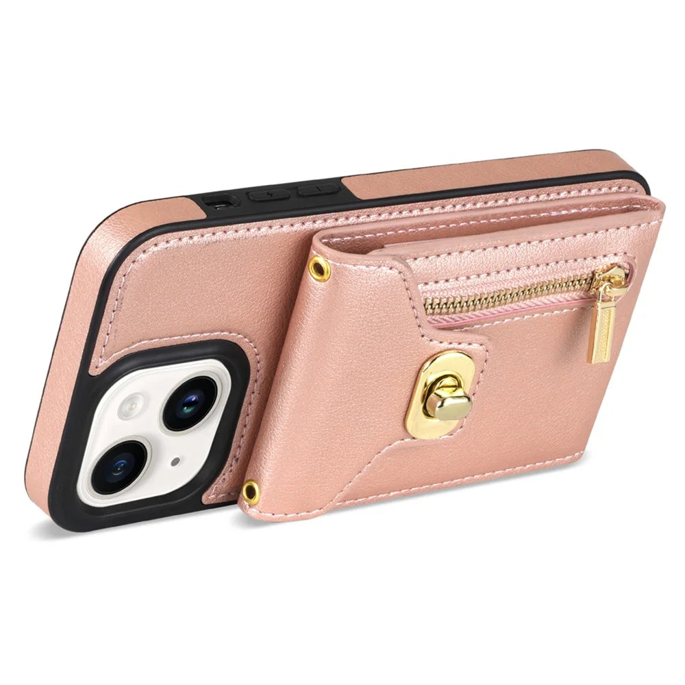 Card Holder Zipper Pocket Phone Case for iPhone 14 , Kickstand PU Leather Coated TPU Cover - Pink - 2