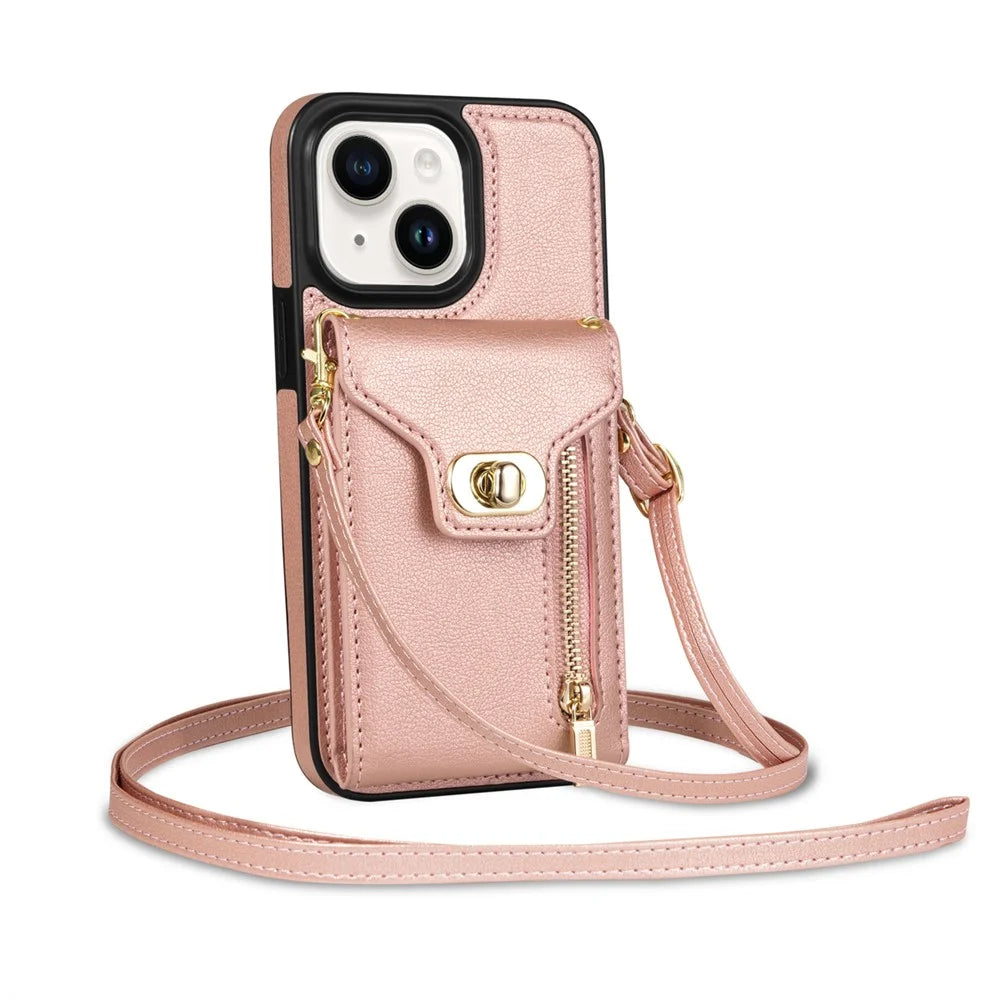 Card Holder Zipper Pocket Phone Case for iPhone 14 , Kickstand PU Leather Coated TPU Cover - Pink - 4