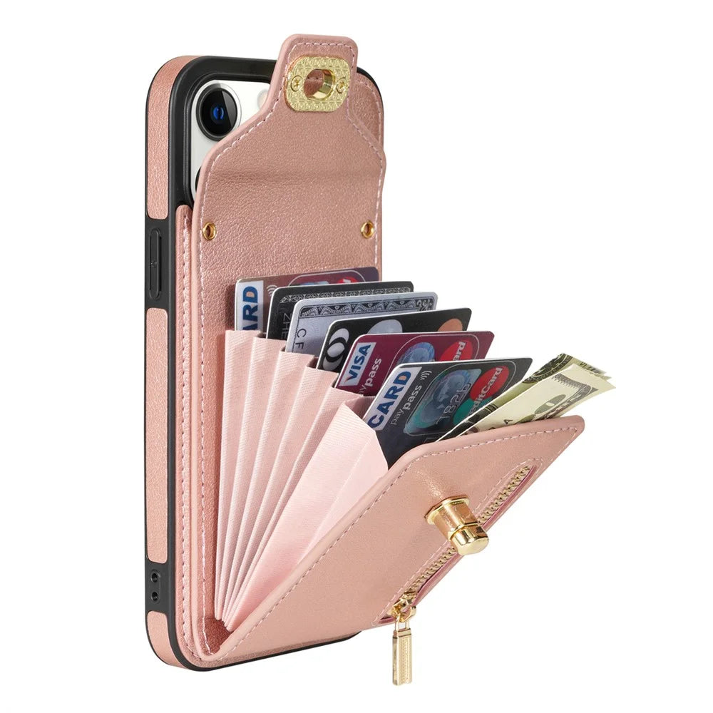 Card Holder Zipper Pocket Phone Case for iPhone 14 , Kickstand PU Leather Coated TPU Cover - Pink - 5
