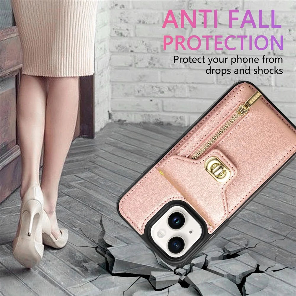 Card Holder Zipper Pocket Phone Case for iPhone 14 , Kickstand PU Leather Coated TPU Cover - Pink - 7