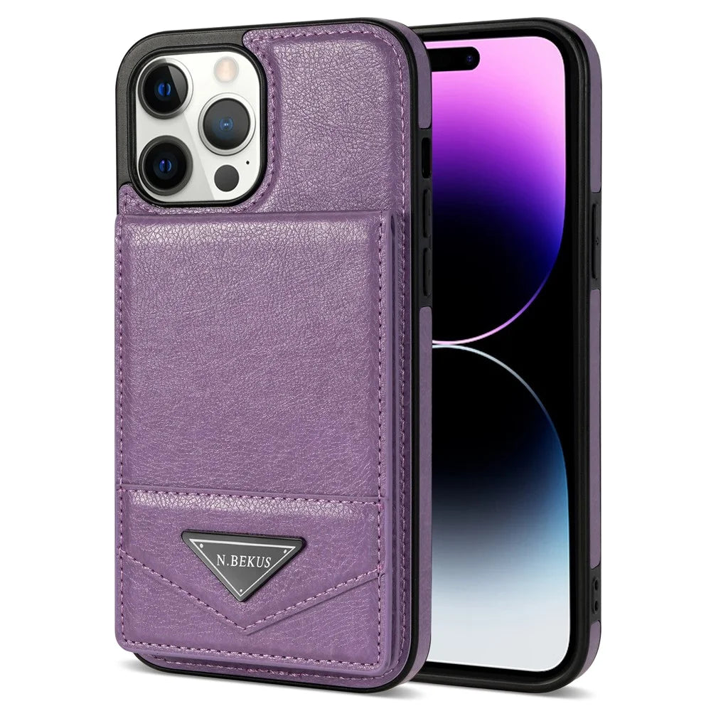 N.BEKUS For iPhone 14 Pro Max PU Leather+TPU Kickstand Cover RFID Blocking Card Holder Phone Case - Purple - 1
