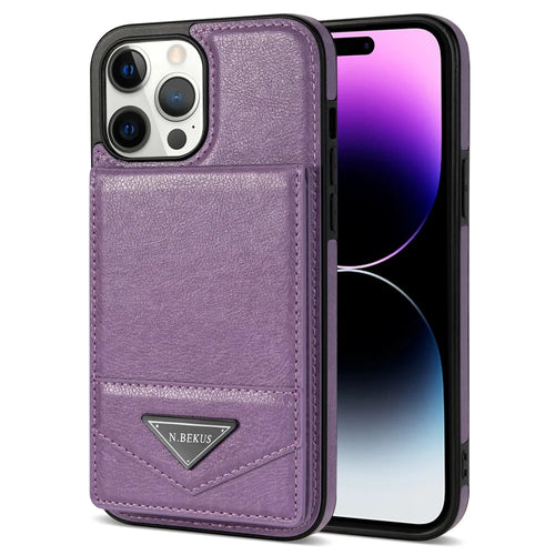 N.BEKUS For iPhone 14 Pro Max PU Leather+TPU Kickstand Cover RFID Blocking Card Holder Phone Case - Purple - 1