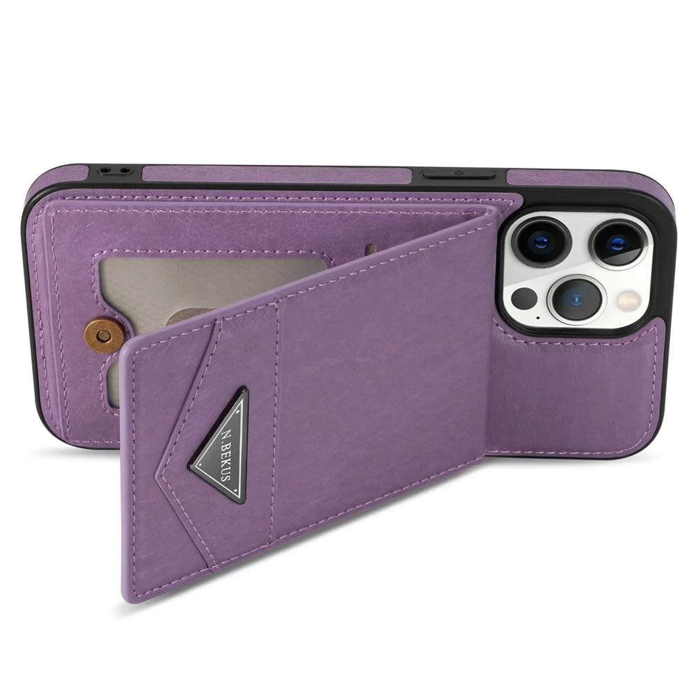 N.BEKUS For iPhone 14 Pro Max PU Leather+TPU Kickstand Cover RFID Blocking Card Holder Phone Case - Purple - 2