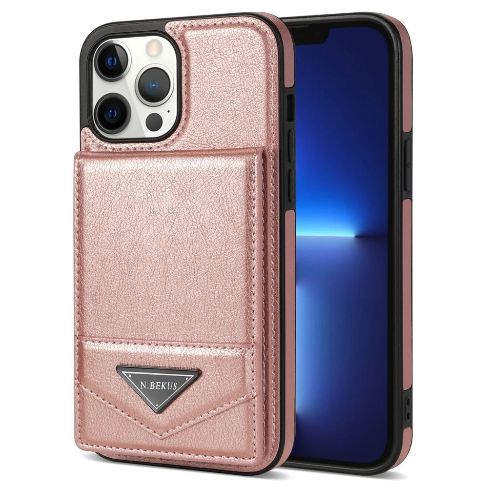 N.BEKUS For iPhone 15 Pro RFID Blocking Kickstand Card Holder Phone Cover Leather Coated TPU Case - Pink - 1