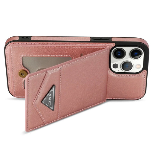 N.BEKUS For iPhone 15 Pro RFID Blocking Kickstand Card Holder Phone Cover Leather Coated TPU Case - Pink - 2