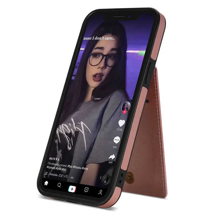 N.BEKUS For iPhone 15 Pro RFID Blocking Kickstand Card Holder Phone Cover Leather Coated TPU Case - Pink - 3