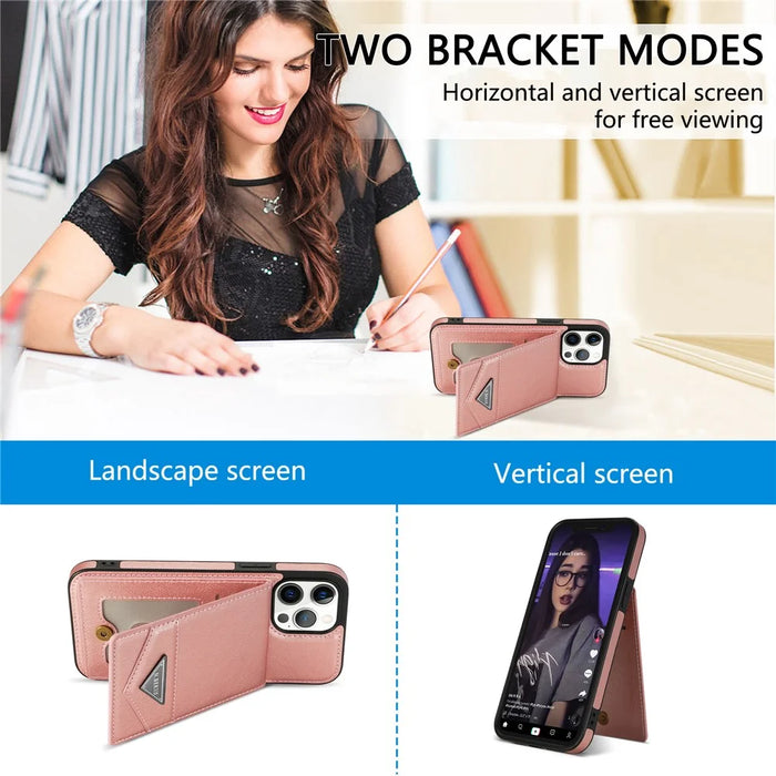 N.BEKUS For iPhone 15 Pro RFID Blocking Kickstand Card Holder Phone Cover Leather Coated TPU Case - Pink - 6