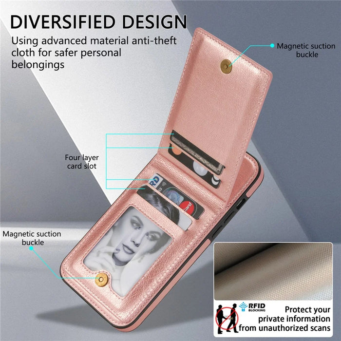 N.BEKUS For iPhone 15 Pro RFID Blocking Kickstand Card Holder Phone Cover Leather Coated TPU Case - Pink - 7