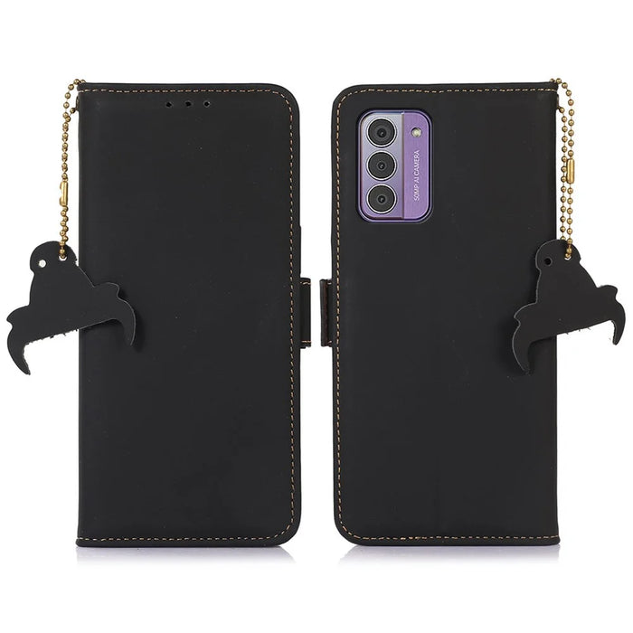 For Nokia G42 RFID Blocking Wallet Stand Phone Case Silky Feeling Genuine Cow Leather Protective Cover - Black - 1