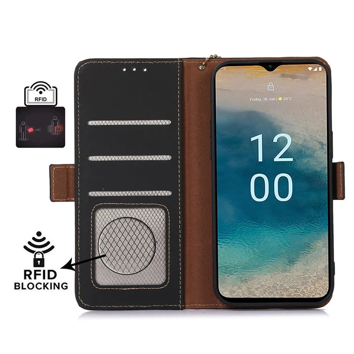 For Nokia G42 RFID Blocking Wallet Stand Phone Case Silky Feeling Genuine Cow Leather Protective Cover - Black - 2