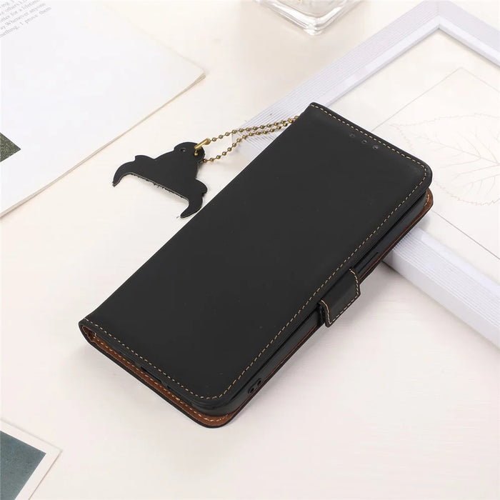 For Nokia G42 RFID Blocking Wallet Stand Phone Case Silky Feeling Genuine Cow Leather Protective Cover - Black - 6