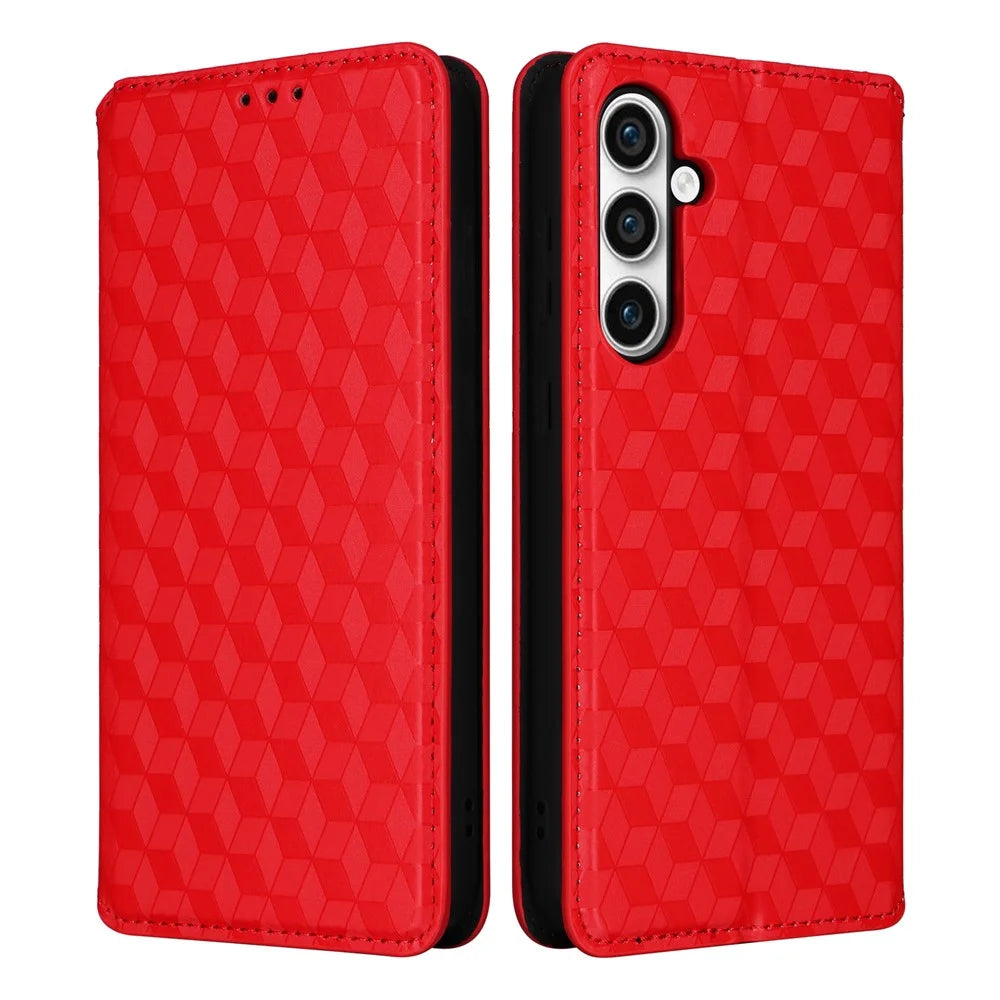 For Samsung Galaxy S23 FE PU Leather Wallet Phone Case Rhombus Imprinted Stand Flip Phone Cover - Red - 1