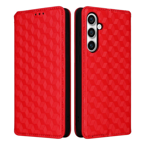 For Samsung Galaxy S23 FE PU Leather Wallet Phone Case Rhombus Imprinted Stand Flip Phone Cover - Red - 1