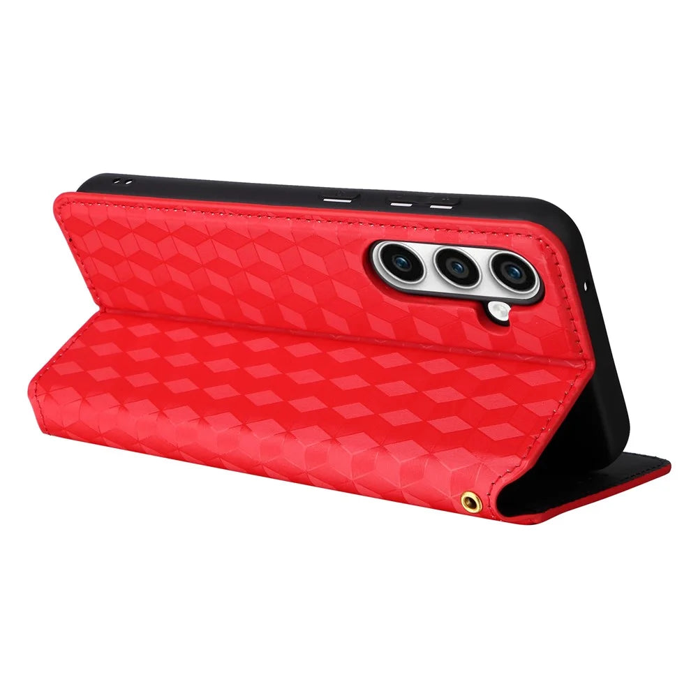 For Samsung Galaxy S23 FE PU Leather Wallet Phone Case Rhombus Imprinted Stand Flip Phone Cover - Red - 4