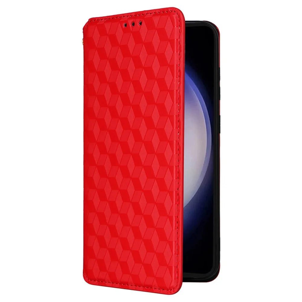 For Samsung Galaxy S23 FE PU Leather Wallet Phone Case Rhombus Imprinted Stand Flip Phone Cover - Red - 7
