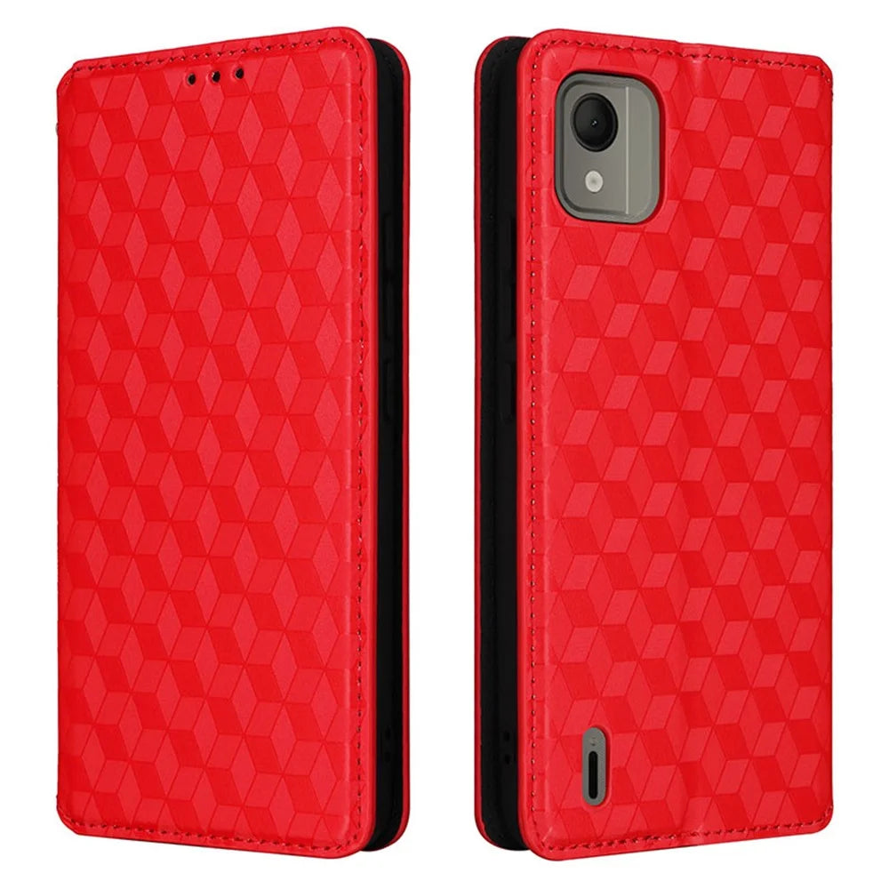 For Nokia C110 PU Leather Phone Cover Rhombus Imprinted Stand Flip Shell Wallet Case - Red - 1