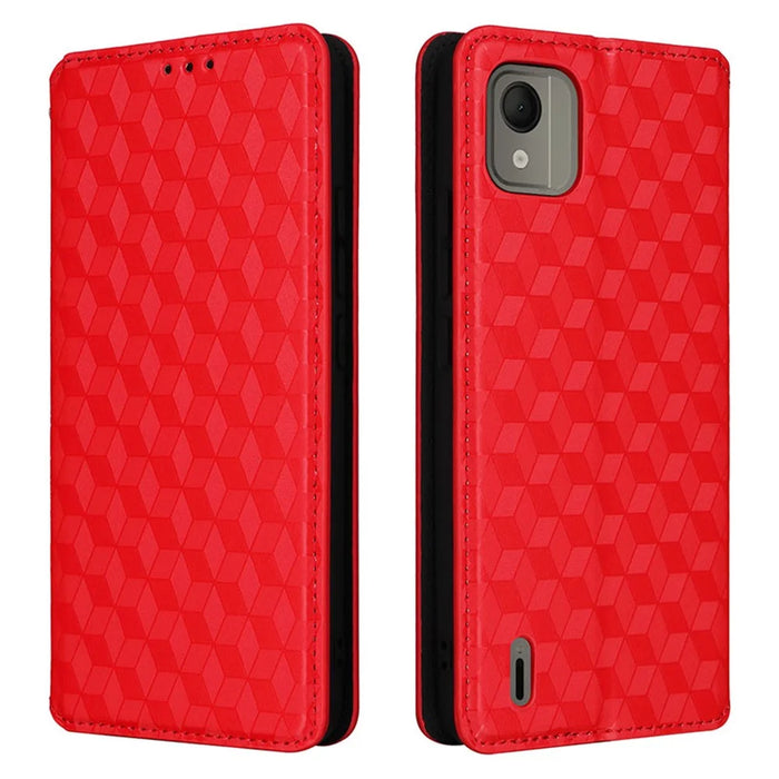 For Nokia C110 PU Leather Phone Cover Rhombus Imprinted Stand Flip Shell Wallet Case - Red - 1