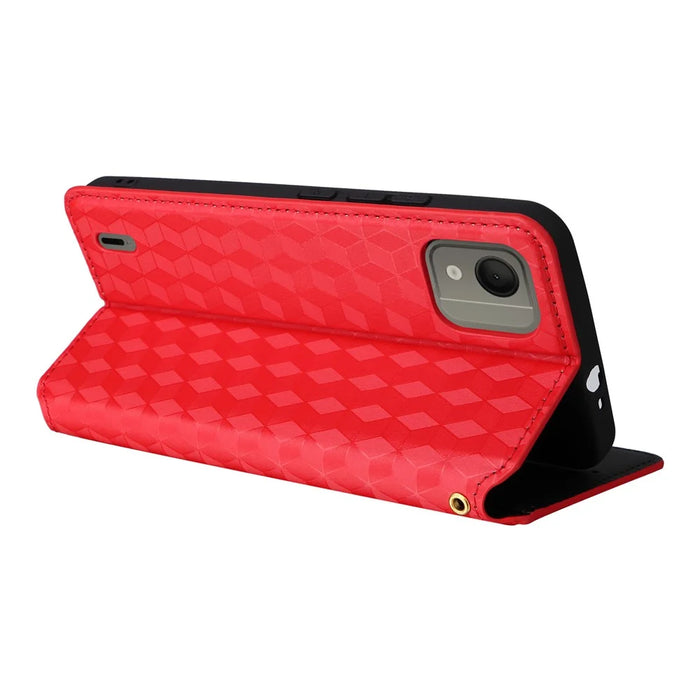 For Nokia C110 PU Leather Phone Cover Rhombus Imprinted Stand Flip Shell Wallet Case - Red - 4