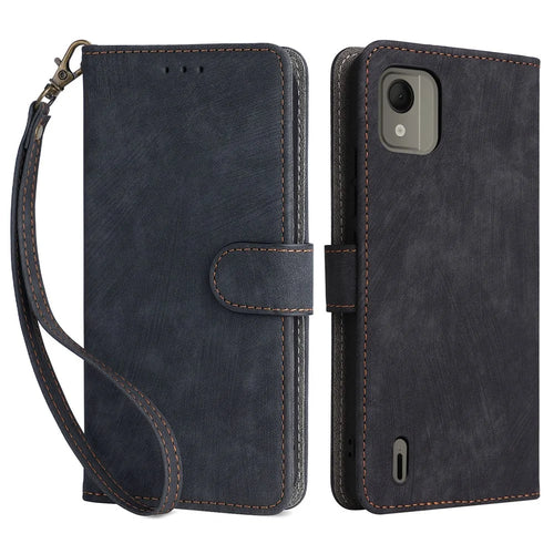 For Nokia C110 Mobile Phone Case RFID Blocking Wallet Stand PU Leather Phone Cover with Strap - Black - 1