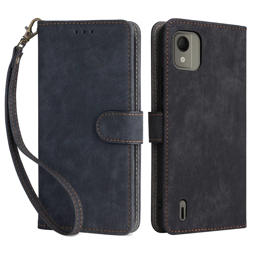 For Nokia C110 Mobile Phone Case RFID Blocking Wallet Stand PU Leather Phone Cover with Strap - Black - 1